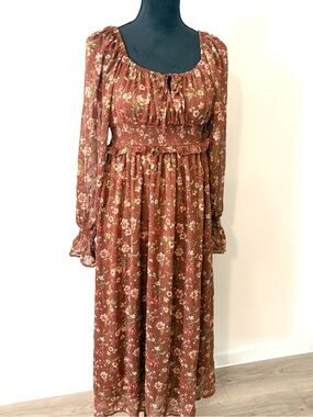 Rust Floral Long-Sleeve Smocked Waist Maxi Large Dress